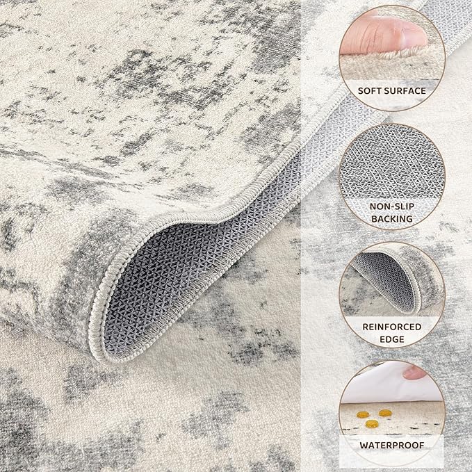 2x3 Entryway Area Rug: Washable Neutral Modern Abstract Small Rug - Non-Slip Low Pile Throw Indoor Carpet for Entrance Kitchen Front Door Mat Bathroom Entry Kids Room - Grey/Light Brown