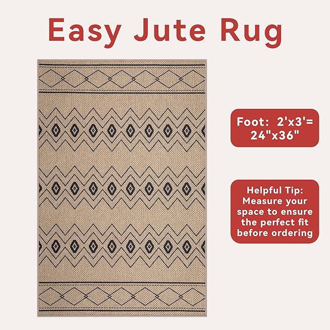 Tangsoo Easy Jute 2x3 Outdoor Rug,Non Slip Small Machine Washable Rug for Entryway,Ultra Thin Mat Boho Non Shedding Indoor Capet for Kitchen Bedroom Front Door Entrance
