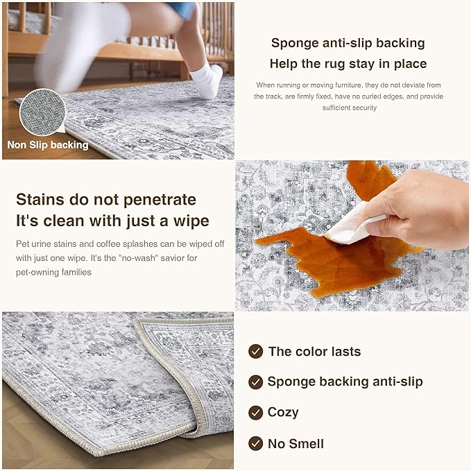 HUGEAR Washable 6x9 Area Rugs Retro Grey Living Room Bedroom Rug Vintage Distressed Non Slip Stain Resistant Low Pile Neutral Throw Carpet for Home Decor