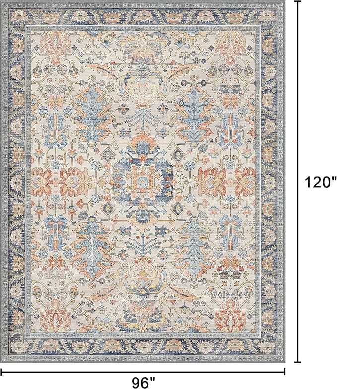 Area Rugs 8x10 Clearance Washable Boho Rug for Bedroom Living Room, Non Slip Thin Low Pile Chenille Carpet for Dining Room,Vintage Farmhouse, Teal/Multi