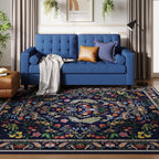 Rugcomf 9x12 Area Rugs for Living Room Washable Rug Floral Non-Slip Large Rug for Living Room, Bedroom, Farmhouse, Dining Room, Kids Playroom (Blue)