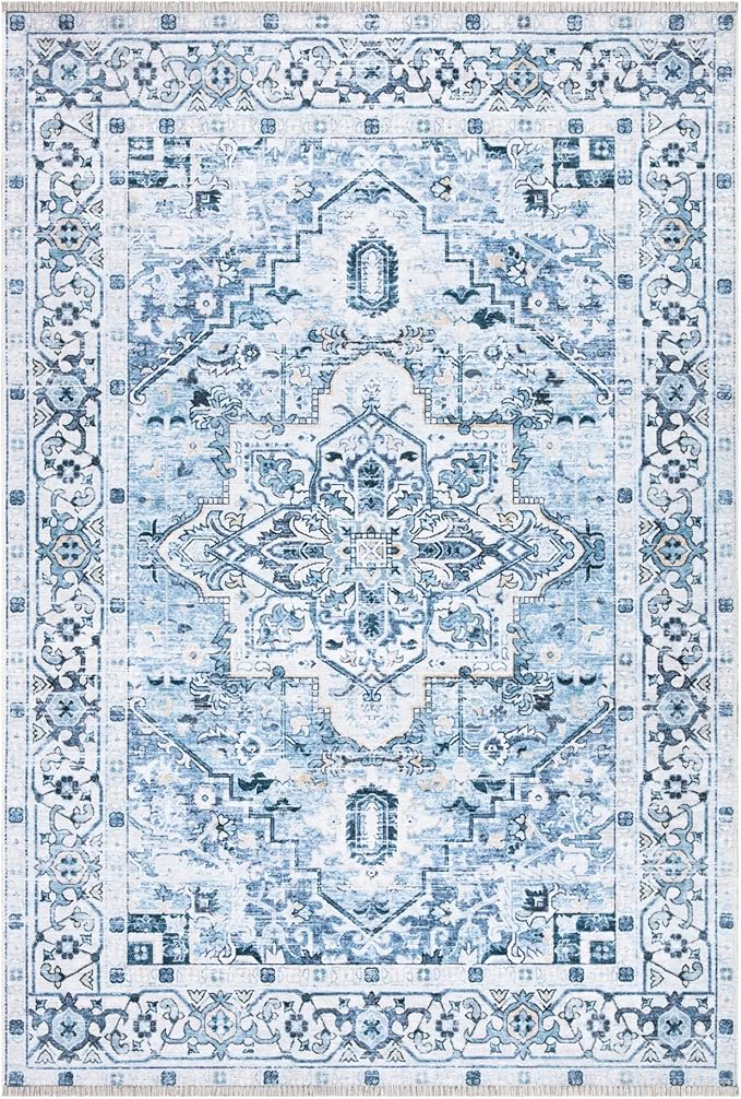 Bloom Rugs Caria Washable Non-Slip 5x7 Rug - Blue Traditional Area Rug for Living Room, Bedroom, Dining Room, and Kitchen - Exact Size: 5' x 7'