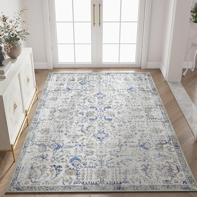 jinchan Kalen Area Rug 5x7 Washable Living Room Rug Soft Vintage Indoor Thin Retro Distressed Floor Cover Blue Floral Country Boho Rug Non Slip Carpet for Bedroom Office Dining Room