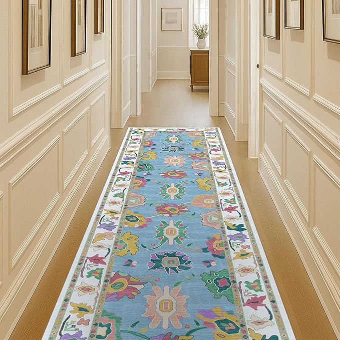 Fame Living Colorful Oushak Runner Rug, Modern Runners, Vintage, Turkish, Eclectic, Floral, Pastel, Washable, Runner for Hallway, Kitchen, Bedroom, Bathroom, 2'5"x9'8"