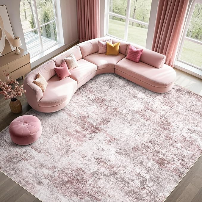 8x10 Area Rug Living Room Rugs - Washable Neutral Modern Abstract Soft Thin Large Rug Indoor Floor No Slip Rug Carpet for Bedroom Under Dining Table Home Office Decor - Pink