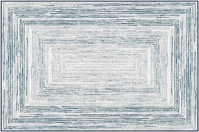 Phantoscope Washable Area Rug 4'x6' Non-Slip, Modern Neutral Boho Rugs for Living Room, Bedroom, DiningRoom, Distressed Geometric Rectangle Pattern, Low-Pile Foldable Floor Carpet, Coastal Blue/Grey