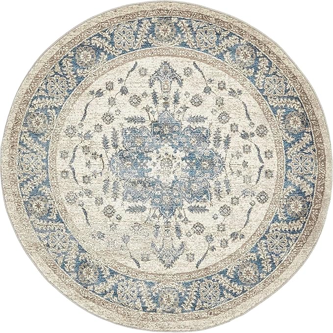 Unique Loom Salzburg Collection Classic Traditional Design Oriental Inspired Border Area Rug (5' 0 x 5' 0 Round, Beige/Blue)