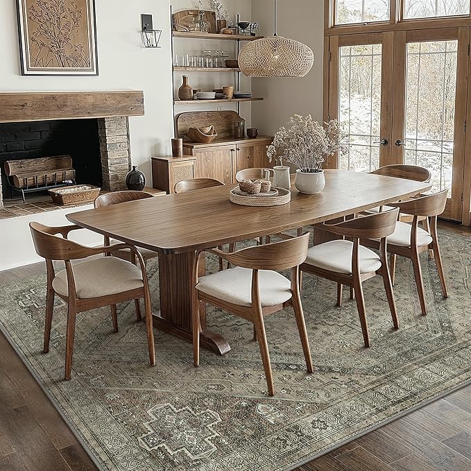 Bavni Washable Rug 8x10 Area Rug for Living Room Bedroom Dining, Washable Vintage Print Carpet, Ultra-Thin Chenille Low Pile Lightweight Rug with Non Slip Backing, Tan