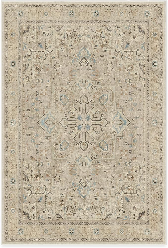 RUGGABLE Washable Vintage Area Rug – Kamran Ivory Opal 6x9, Stain-Resistant, Non-Slip – Medium Machine Washable Rugs for Living Room, Bedroom, Hallway, Entryway & Office–with Cushioned Pad