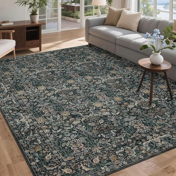 Washable Living Room Rug: 8x10 Boho Floral Soft Area Rug for Bedroom Decor - Vintage Low Pile Thin Carpet for Dining Room Non-Slip - Farmhouse Stain Resistant Rugs - Dark Green