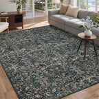 Washable Living Room Rug: 10x14 Boho Floral Soft Area Rug for Bedroom Decor - Vintage Low Pile Thin Carpet for Dining Room Non-Slip - Farmhouse Stain Resistant Rugs - Dark Green
