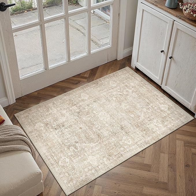 2x3 Beige Washable Area Rug for Entryway Neutral Soft Non Slip Small Carpet Low Pile Vintage Distressed Door Mat for Entrance Bathroom Bedroom Indoor