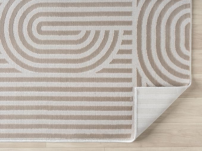 Annabel Modern Geometric Area Rug for Living Room, 5x7 Contemporary Arched Linear Beige Neutral Rug, Stain Resistant Non-Shedding Carpet for Bedroom, Dining Room or Kitchen (5' x 7', Beige)