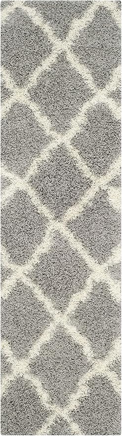 SAFAVIEH Dallas Shag Collection Runner Rug - 2'3" x 12', Grey & Ivory, Trellis Design, Non-Shedding & Easy Care, 1.5-inch Thick Ideal for High Traffic Areas in Living Room, Bedroom (SGD257G)