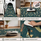 Dark Teal 4x6 Area Rugs for Door Mat Entrance - Vintage Floor Rug for Entryway, Mudroom Kitchen, Floral Forest Insect Print, Washable Low Pile Non-Slip Stain Resistant