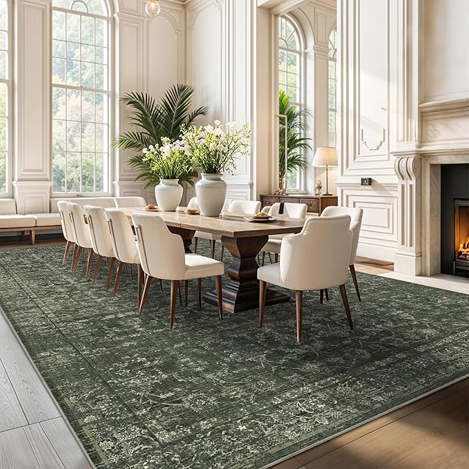 10x14 Washable Area Rugs for Living Room, Green Vintage Boho Large Rug for Bedroom Dining Room Office, Distressed Floral Floor Carpet Soft Non Slip Low Pile Farmhouse Indoor Mat