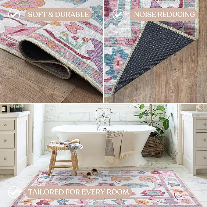 Fame Living Pink Oushak Rug, Modern, Vintage, Turkish, Eclectic, Floral, Pastel, Washable, Area Rugs for Living Room, Dining, Bedroom, Office, Entryway, Foyer, Playroom, Nursery, 5'x6'9"