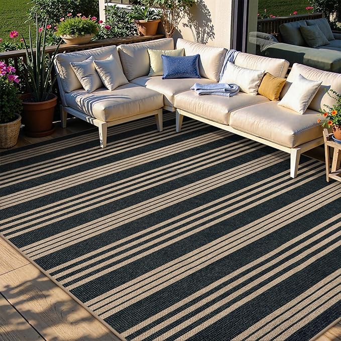 Lahome Striped Easy Jute Rugs for Living Room, 6x9 Washable Indoor Outdoor Patio Rug, Neutral Thin Non Slip Non Shedding Black Dining Room Carpet for Under Table Mudroom Classroom