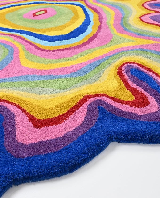 Irregular Shaped Handmade Wool Rug | Modern Colourful Stripe Premium Area Rug Perfect for Home Decor (IR-C, 4x4 ft)