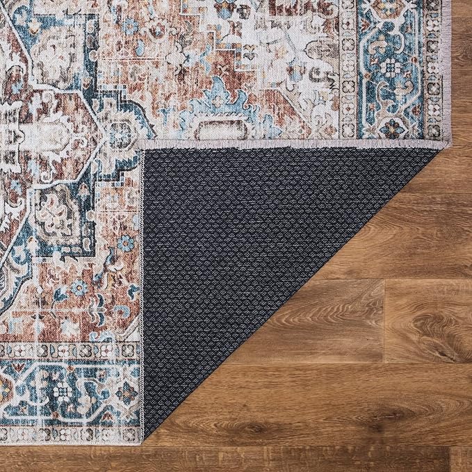 Bloom Rugs Washable Non-Slip 10x14 Rug - Terracotta/Blue Traditional Oriental Area Rug for Living Room, Bedroom, Dining Room, and Kitchen - Exact Size: 10' x 14'