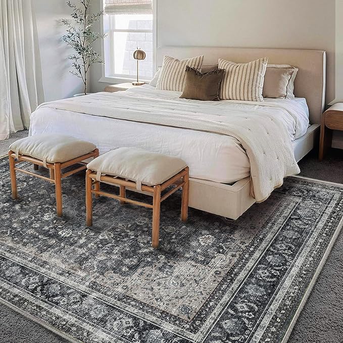 Washable Area Rug 9'x12' Retro Boho Design Non-Shedding Easy Care Ideal for High Traffic Areas in Living Room Bedroom Office Coffee Table Kitchen Large Carpet