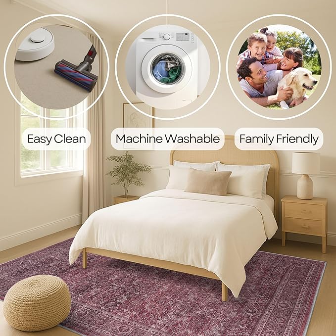 Fame Rugs Turkish Rug. Washable Vintage Oriental Antique Inspired Traditional Doormat Small Modern Area Rugs Luxury Entryway Entry Bedroom Bathroom Kitchen (395RR, 2'5 x 9'8)