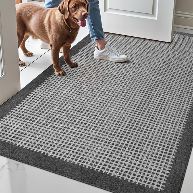 LUMI Inside Door Mat for Entry 30''x48'', Absorbent, Dirt Trapper, Low Profile Thin, Non Slip Mats with Rubber Backing, Ideal for Indoor, High Traffic, Garage, Entrance, Checkered Grey