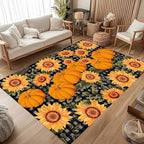 Autumn Style Area Carpet, 5x6ft, Checkered with Sunflower and Pumpkin Fall Harvest Large Flower Rug, Fluffy Short Pile Rubber Backed Farmhouse Door Mat for Study Room Front Door
