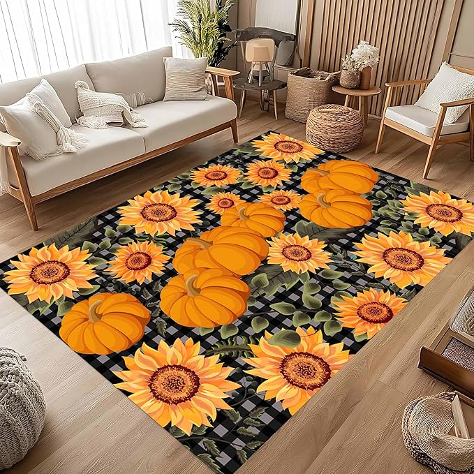 Autumn Style Area Carpet, 4x6ft, Checkered with Sunflower and Pumpkin Fall Harvest Large Flower Rug, Fluffy Short Pile Rubber Backed Farmhouse Door Mat for Study Room Front Door