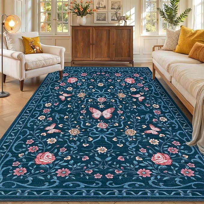 GarveeHome Washable Floral Area Rug 5x7 for Living Room Non Slip Bedroom Rug Soft Stain Resistant Large Dining Room Throw Carpet Low Pile Blue Bow Rugs Butterfly Flower Carpet for Nursery Entry, 5x7