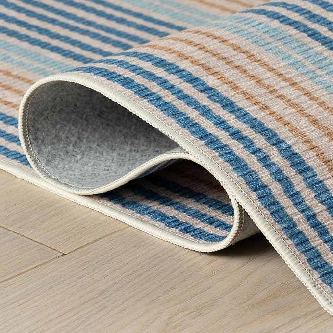 Dash & Albert Tyne Blue Machine Washable Rug, 3 X 5 Feet, Blue/Tan Stripe Pattern