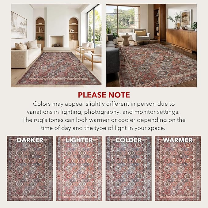 Kuden 6x9 Area Rug, Machine Washable Area Rug with Non-Slip Backing, Vintage Style, Soft, Easy Clean, Low Pile Rug for Living Room, Bedroom, Dining Room