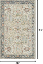 Bavni Area Rug 3x5, Non-Slip Washable Rugs for Living Room Office, Boho Distressed Printed Rug, Low Pile Foldable Decorative Carpet for Bedroom Kitchen Office, Ivory/Teal