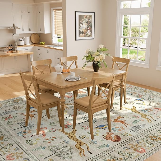 DUKINO 8x10 Rug, Washable Animal Living Room Rug with Non Slip Vintage Design, Soft Low Pile Large Carpet for Bedroom, Nursery, Dining Room, Farmhouse, Playroom, White