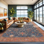 Navy Blue Large Area Rugs 8x12 Living Room, Geometric Floral Rugs for Dining Room Under Table - Washable Low Pile & Soft Carpet for Bedroom - Vintage Boho Stain Resistance Indoor Décor
