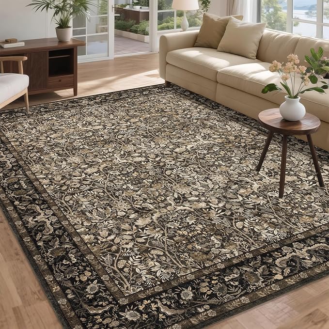 Washable Living Room Rug: 9x12 Boho Floral Soft Area Rug for Bedroom Decor - Vintage Low Pile Thin Carpet for Dining Room Non-Slip - Farmhouse Stain Resistant Rugs - Dark Brown