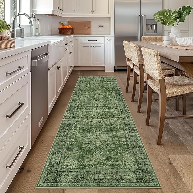 2x6 Green Vintage Washable Runner Rugs for Hallway Kitchen Boho Hallway Rug Low Pile Non-Slip Retro Distressed Accent Throw Rug for Entryway Bathroom Bedroom Green