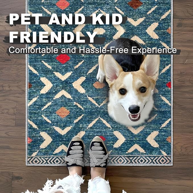KILOCOCO Hallway Runner Rug 2.6'x12' Runners for Hallways Washable Runner Soft Non Slip Printed Geometric Low-Pile Rugs Runners for Bedroom Kitchen Living Room Boho Rugs, Teal/Blue