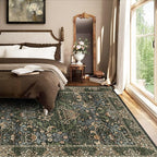 5x7 Floral Washable Area Rug for Living Room, Vintage Boho Rugs for Bedroom Dining Room, Botanical Birds Non Slip Low Pile Forest Throw Carpet for Farmhouse Office, Retro Gold/Green
