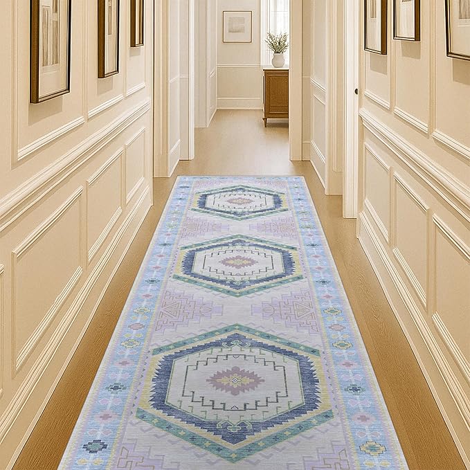 Fame Living Washable Area Rug. Modern Farmhouse. Vintage. Turkish. Bohemian. Distressed. Oriental. Traditional. Rugs for Living Room. Dining. Bedroom. Office. Entryway. Foyer. (856PBl, 2'5" x 13')