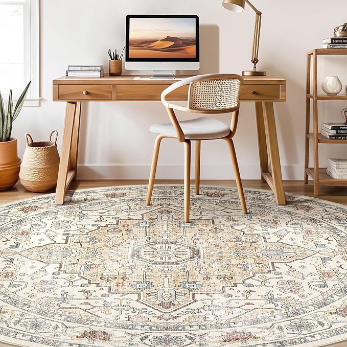 Round Rug Living Room Rugs: 8Ft Washable Boho Neutral Large Circle Soft Indoor Floral Stain Resistant Floor Farmhouse Carpet for Bedroom Nursery Kids Playroom Office Dining Room Dorm Home- Cream Blue