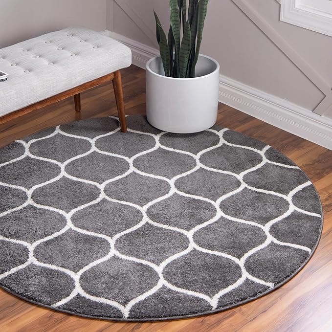 Rugs.com Lattice Frieze Collection Rug – 6' Round Dark Gray Medium Rug Perfect for Kitchens, Dining Rooms