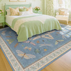 Insect Light Blue Rug for Living Room - 9x12 Cute Rugs for Bedroom, Moth Floral Boho Design, Low Pile Stain Resistant Washable, Perfect for High Traffic Area