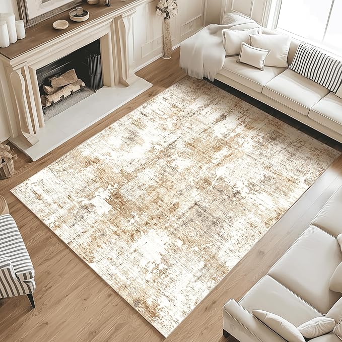Fmfunctex 8x10 Washable Abstract Area Rug Brown Grey Neutral Modern Large Non Slip Carpet for Living Room Bedroom Soft Low Pile Indoor Mat Accent Throw Rug for Dining Kitchen Office Nursery, Grey Gold