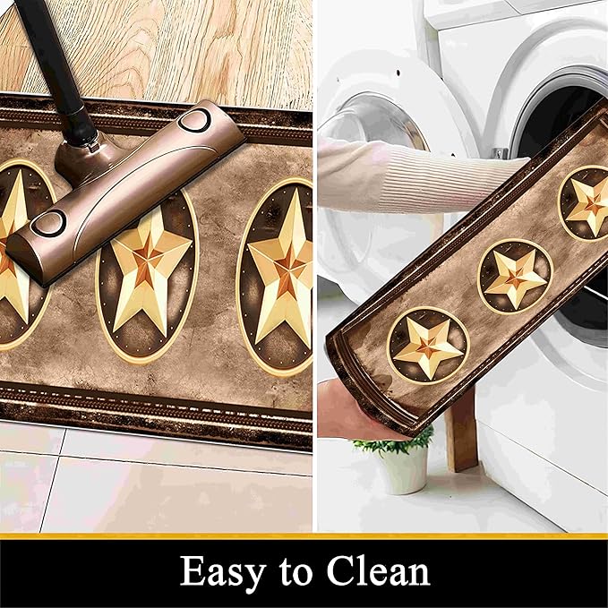 Gold Five-Point Star Runner Rug, 2x7ft Washable Hallway Badge Carpet, Corridor Accent Rugs, Stylish Decorative Runner for Home Hallway & Foyer, Vintage Style Non-Slip Mat