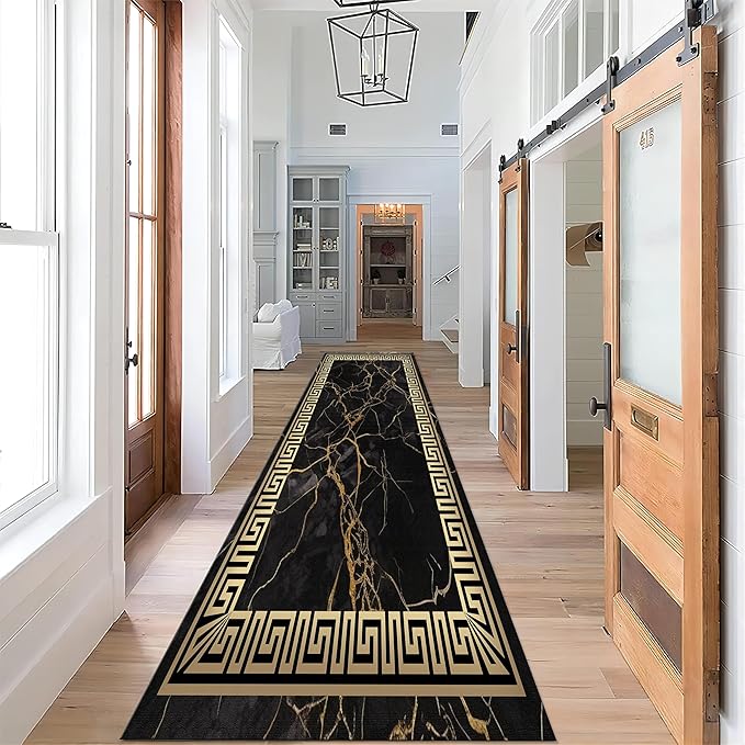 Black Gold Marble Texture Entryway Carpet, 2.6x7ft, Greek Key Geometric Design Bedroom Rug, Abstract Gold Crack Breathable Floor Rugs, No Crease Washable Carpets for Front Door