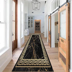 Black Gold Marble Texture Entryway Carpet, 2.6x7ft, Greek Key Geometric Design Bedroom Rug, Abstract Gold Crack Breathable Floor Rugs, No Crease Washable Carpets for Front Door