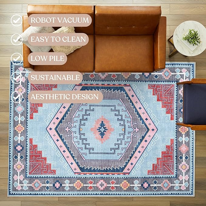 Fame Living Washable Area Rug. Modern Farmhouse. Vintage. Turkish. Bohemian. Distressed. Oriental. Traditional. Rugs for Living Room. Dining. Bedroom. Office. Entryway. Foyer. (856BlM, 2'5" x 13')