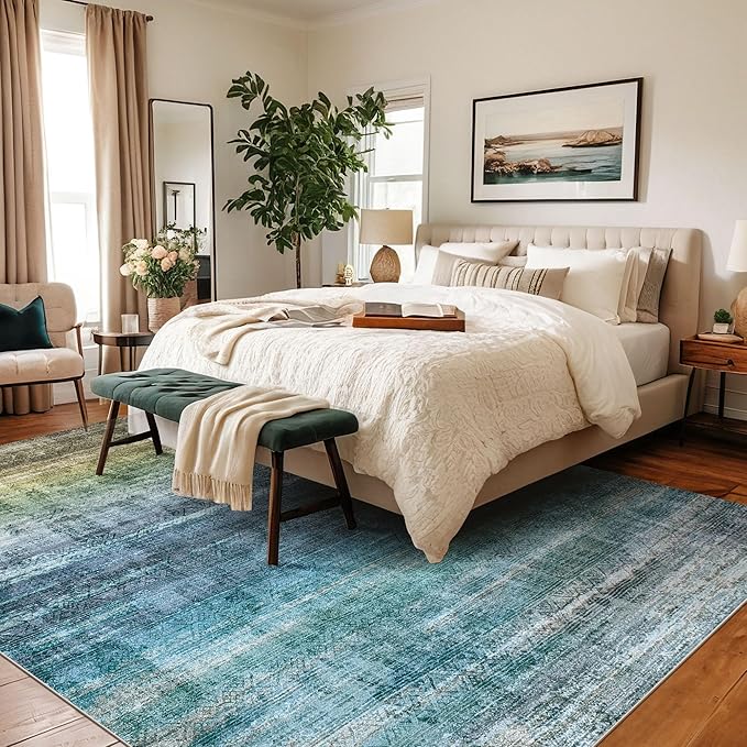 Kokia Abstract Area Rugs 6x9 Boho Washable Distressed Retro Indoor Floor Rug Multicolor Low Pile Non-Slip Non-Shedding Blue Carpet Bedroom Living Room Dining Room, Oslo Teal