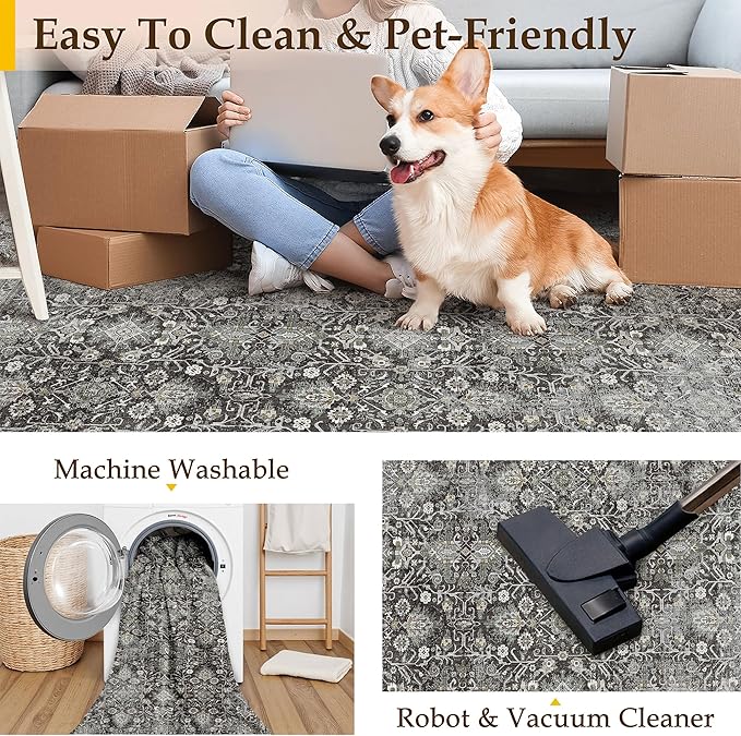 Black Runner Rug 2x6 Vintage Area Carpet Hallway Long Indoor Kitchen Washable Living Room Low Pile Traditional Distressed Retro Accent Throw Rug Non Slip Laundry Bathroom Office Dining Room
